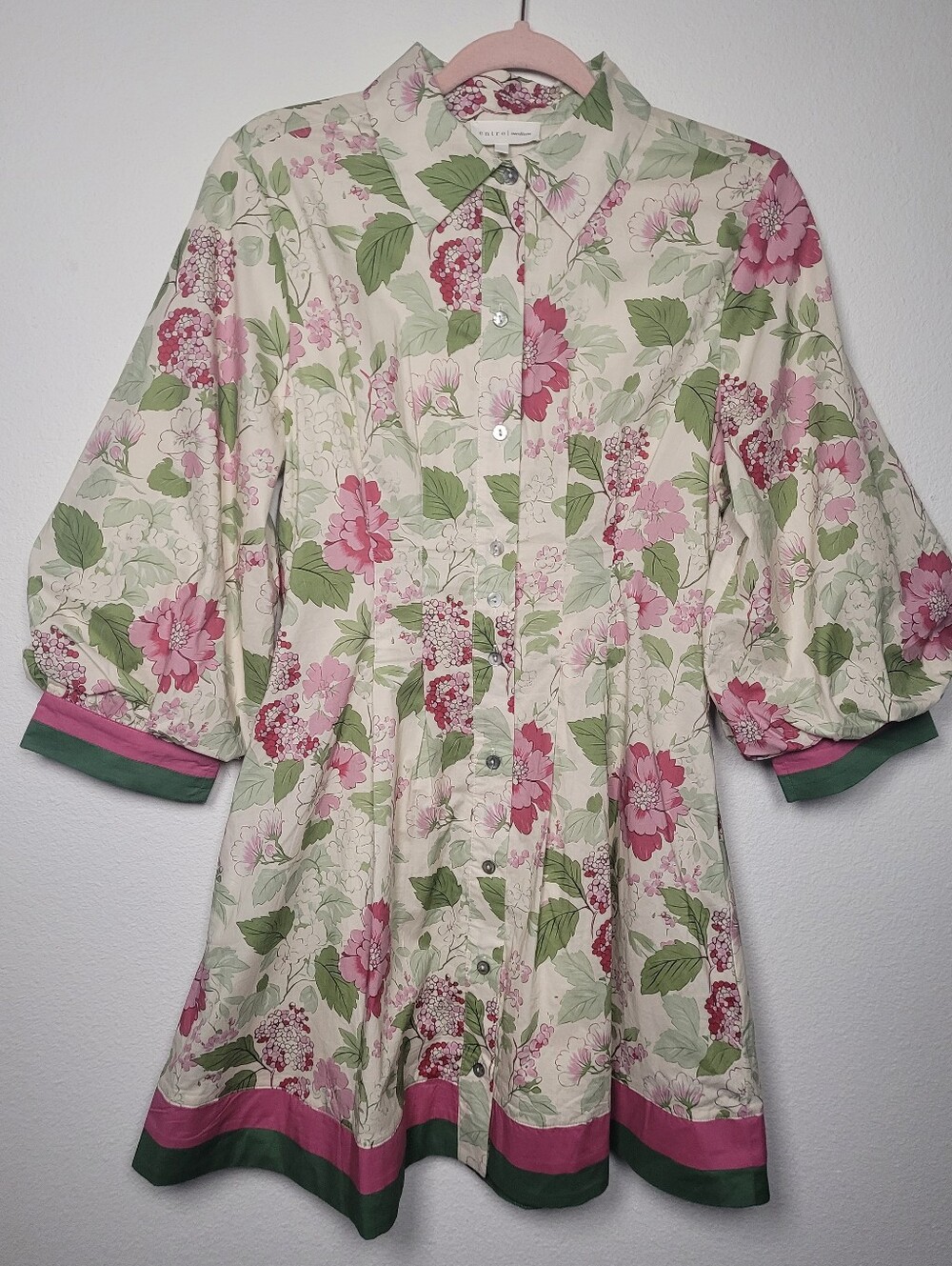 Entro Floral Puff Sleeve Shirt Dress M Button Up Pockets Cottagecore Boho